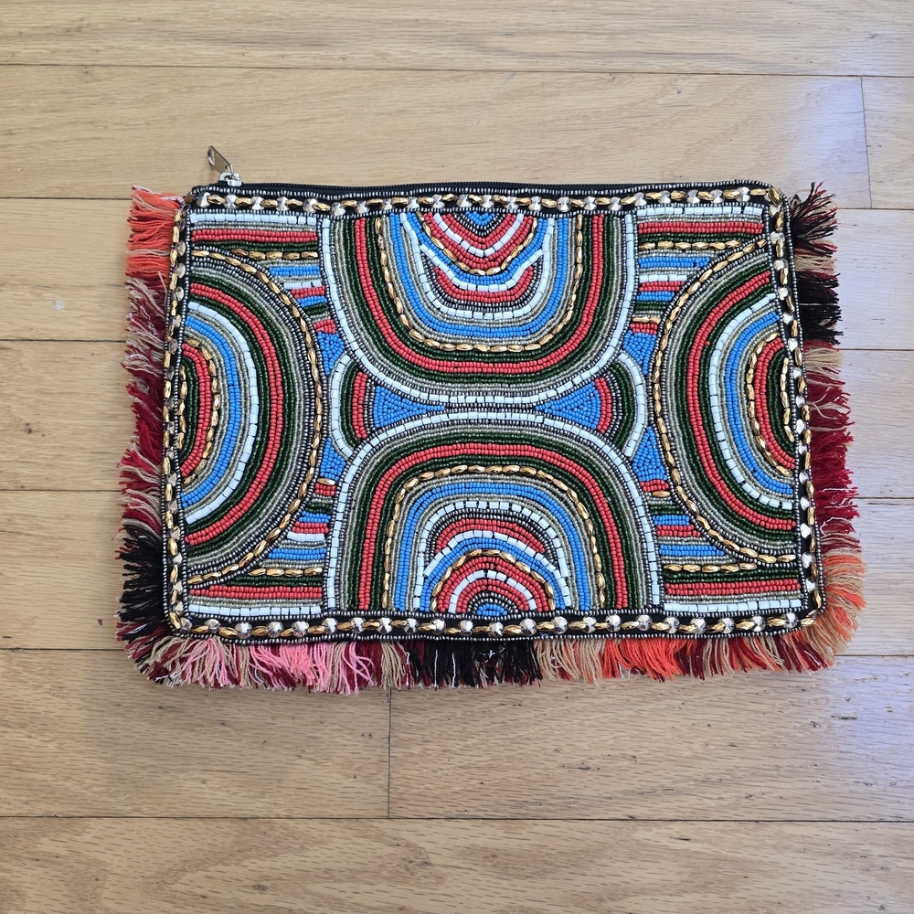 vintage boho multicolor beaded medium clutch